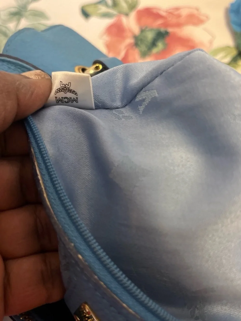MCM Turquoise Blue Leather Top-Handle Satchel with Gold Hardware